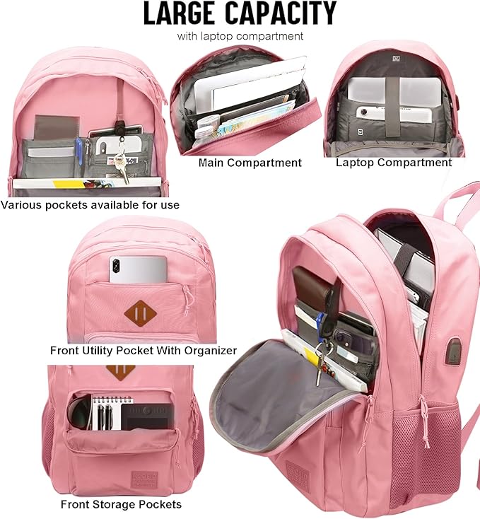 KEOFID Classic Travel backpack for Men and Women, Anti Theft Laptop Backpack with USB Charging Port for Work, Large Bag for College, Water Resistent(Bright Pink)