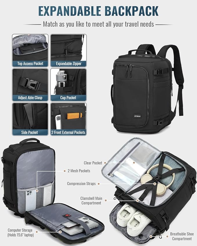 Joyway Luggage Sets 4 Piece with Spinner Wheels, Carry On Luggage 20In with ABS+PC Hardshell, Lightweight Suitcase Set with Travel Backpack and Pressure-resistant Frame, 20/24/28 Inch, Black