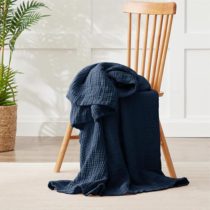100% Cotton Muslin Blanket 40" x 40", Breathable and Lightweight Cotton Throw Blankets, Soft Cooling Summer Gauze Blanket for All Season, Navy Blue