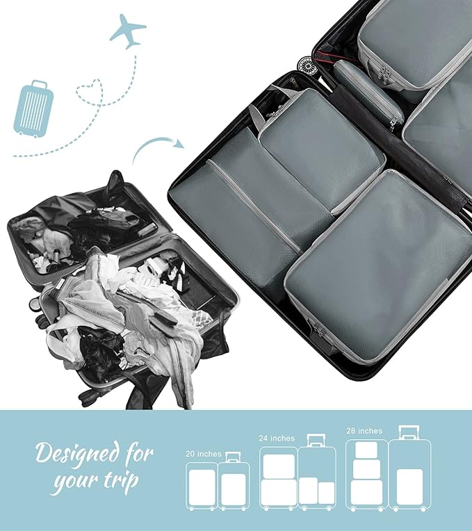 WOOMADA Compression Packing Cubes for Suitcases Travel Essentials 8 Set Expandable Travel Bags Organizer for Luggage(concrete grey)