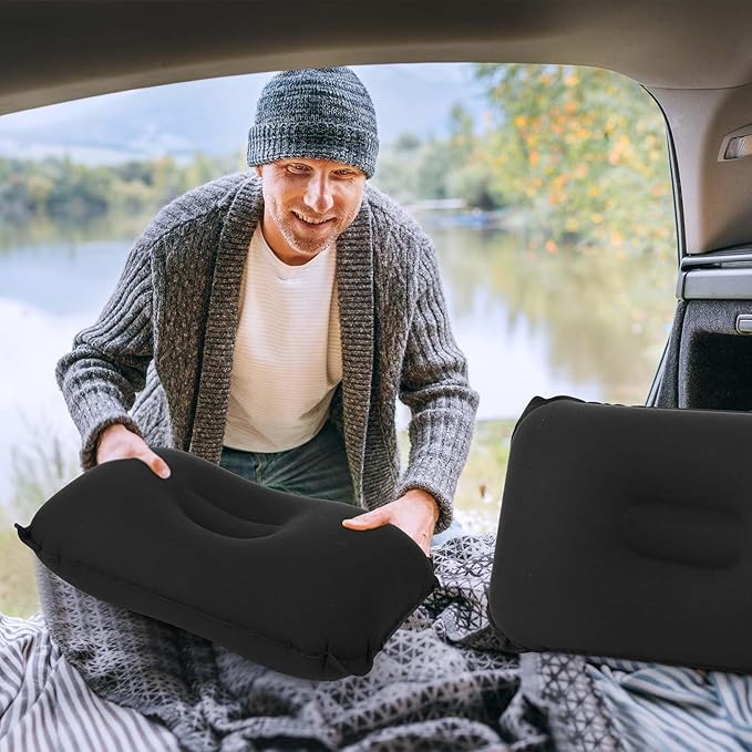 Geelin 20 Pack Inflatable Pillows for Camping Travel Beach Vacation Sand Squared Flocked Soft Fabric Backpacking Ultralight Pillows for Office Sleeping Neck Head Lumbar Support (Black)