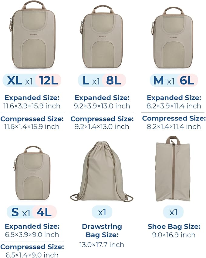 BAGSMART Compression Packing Cubes, 6 Set Packing Cubes for Suitcases, Lightweight Suitcases Organizers Bag Set & Compression Travel Cubes, Travel Essentials Packing Organizers