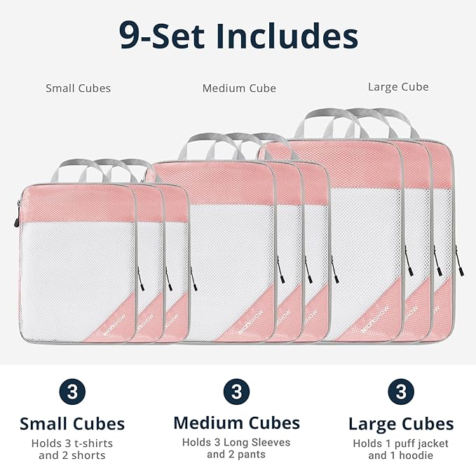 9 Set Compression Packing Cubes for Travel - Compressible, Lightweight, and Space-Saving Packing Cubes, Travel Essentials for Women, Pink