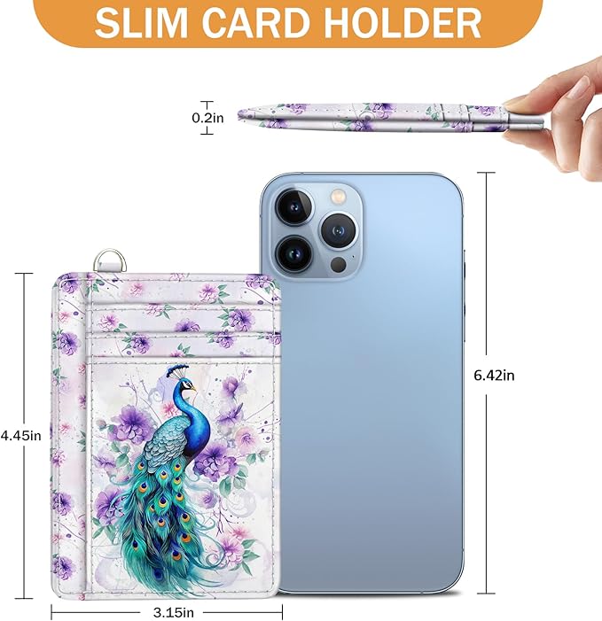 Yonlevres Credit Card Holder Slim Wallet, Peacock RFID Wallet Women Front Pocket Small Card Holder, Cute Travel Thin RFID Blocking Card Organizer Card Case ID Window PU Leather Girl Ladies