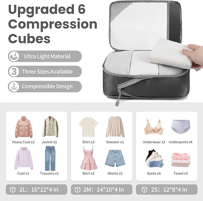 Compression Packing Cubes for Travel, Lightweight Vacation Travel Essentials, Travel Accessories for Suitcase Organizer Bags Set, Durable Luggage Organizer