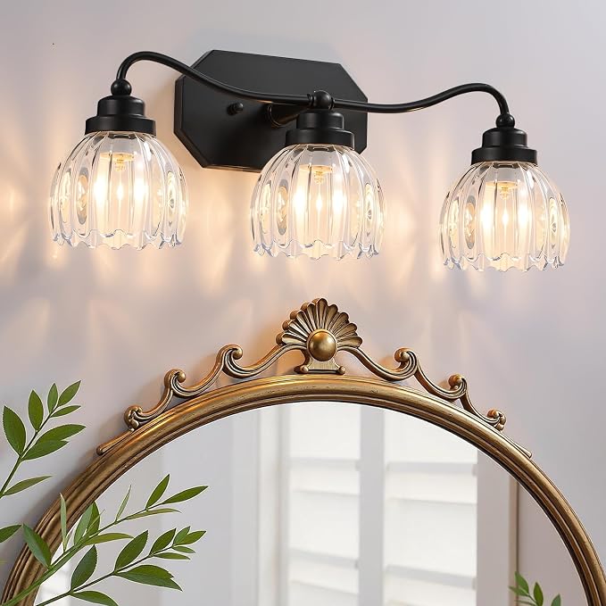 Vintage 3 Light Vanity Lights,Black Matte Antique Finish | Clear Tulip Crystal Bathroom Light Fixture, Mid Century Style, Elegant Wall Sconce Ideal for Bedroom,Hallway, Easy to install
