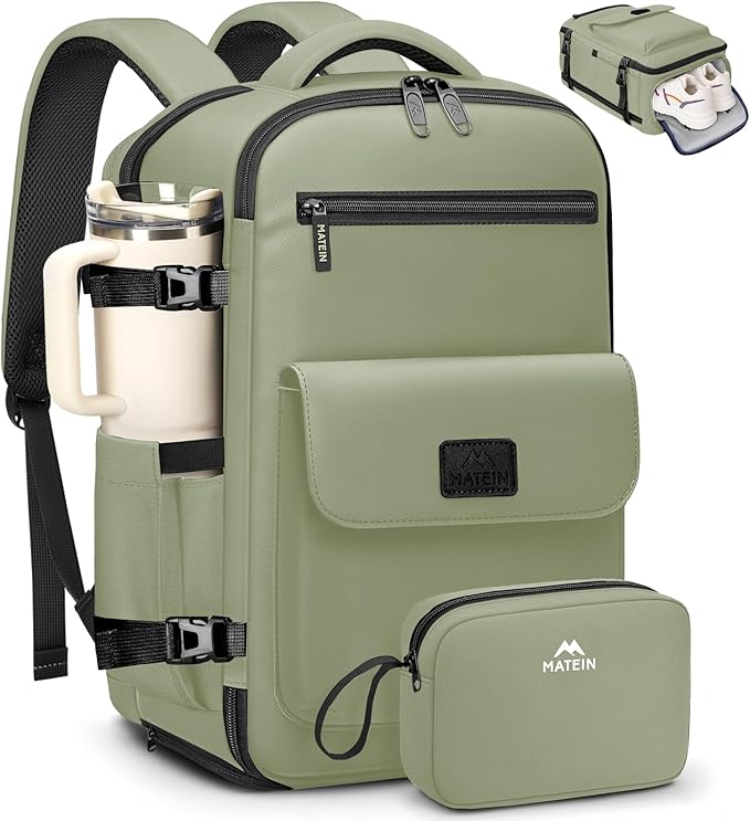 MATEIN Personal Item Backpack 18x14x8 with Shoe Compartment, TSA Approved Underseat Bag for Frontier Airline with Water Bottle Holder Lightweight Travel Backpack for Women Men Fit 15.6" Laptops, Green