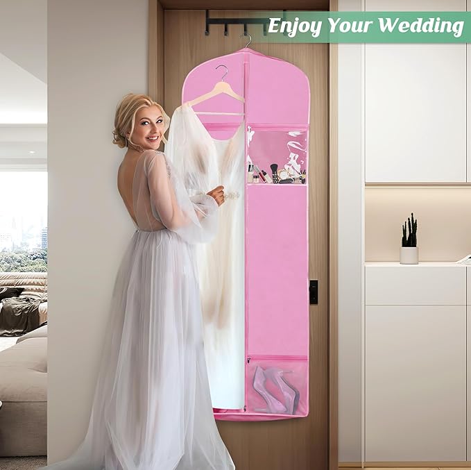 MISSLO Portable 65" Wedding Dress Garment Bag with Bride Tote Bag 8'' Gusseted Dress Bags for Gowns Long 4 Pockets Dress Cover for Women, Pink
