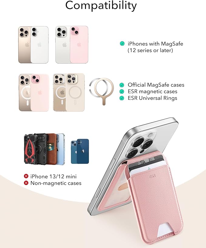 ESR Upgraded Aura for MagSafe Wallet, 5 Card Holder with Adjustable Stand, Magnetic Wallet for iPhone 17e/17/16/15/14/13/12 Series, Not for iPhone 13/12 Mini, Vegan Leather, Pink