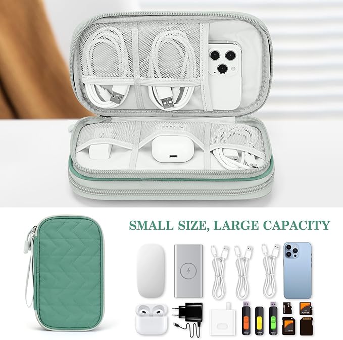FYY Electronic Organizer, Travel Cable Organizer Bag Pouch Electronic Accessories Carry Case Portable Waterproof Double Layers All-in-One Storage Bag for Cable, Cord, Charger, Phone, Pattern Green (M)