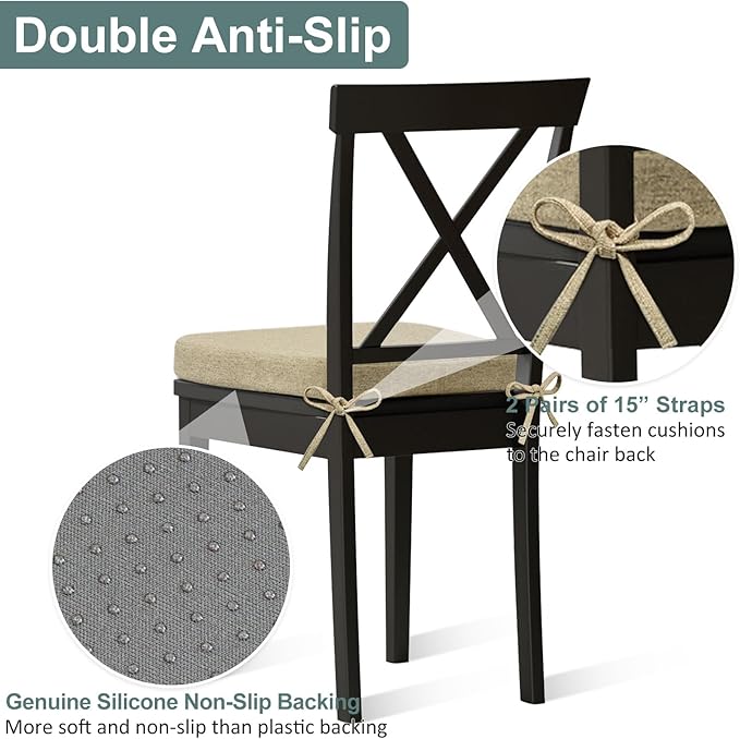 Shinnwa Dining Chair Cushions, Patented Design Molded Memory Foam Seat Cushions for Dining Chairs with Ties and Washable Cover, 17" x 16" x 2", Natural Linen