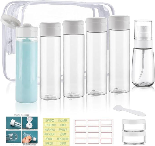 Travel Bottles for Toiletries 9 PCS 3.4oz TSA Approved Travel Size Containers Leak Proof Plastic Squeeze Bottle Small Cream Jars & Refillable Spray Bottle for Shampoo Conditioner Toner(Clear)