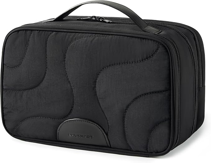 BAGSMART Toiletry Bag for Women, Wide-open Makeup Bag Organizer for Travel Essentials Travel-size, Water-resistant Large Capacity Cosmetic Bag for Accessories, Shampoo, Toiletries with Handle, Black