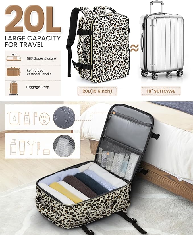 Pritent Travel Backpack for Women Man, Waterproof Personal Item Travel Bag Airline Approved Laptop Backpack Bookbag Weekender bags for Business,Travel, Work Fits 15.6 inch Laptop(Medium,Leopard)