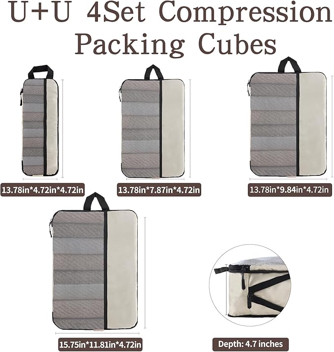 U+U 4 Set Compression Packing Cubes - Ultralight Cream Travel Organizers, Space-Saving Suitcase Organizer, Expandable Packing Cubes for Travel and Family Vacation (Cream)