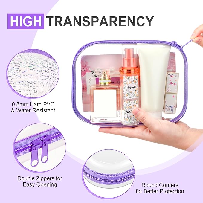 Sanwuta 6 Pcs Clear Hard Zipper Case Plastic Zipper Pouches Transparent Makeup Bag Pencil Case Pouches Toiletry Diaper Bag for Travel Toy Storage Organizer Bins(Purple,7.87 x 5.9 x 2 Inch)