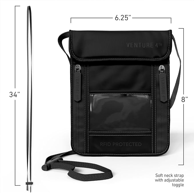 VENTURE 4TH Neck Wallet for Women & Men – RFID Blocking Passport Holder for Travel, Hidden Neck Pouch with 6 Compartments, Slim Lightweight Travel Organizer with Adjustable Strap (Sleek Black)