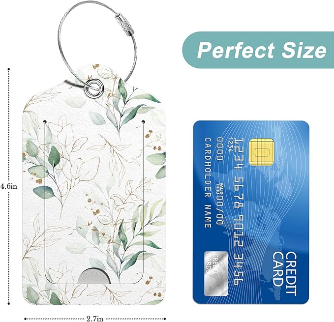 Rimilak 3 Pcs PU Leather Luggage Tags for Suitcase, Travel Cruise Luggage Tag with Privacy Flap, Name ID Label and Metal Loop for Women Men Baggage Handbag School Bag Backpack, Green Leaves