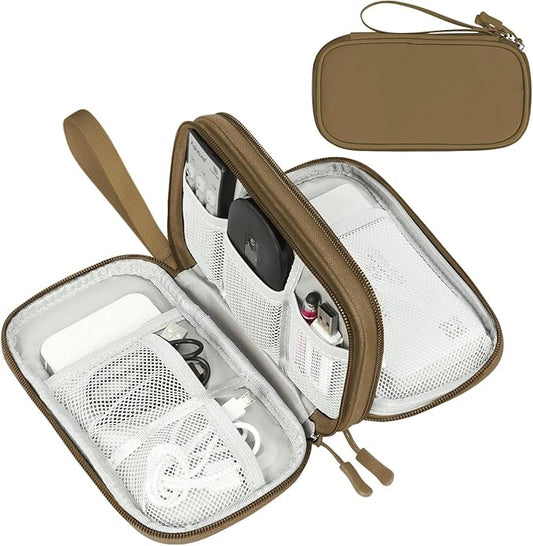FYY Electronic Organizer, Travel Cable Organizer Bag Pouch Electronic Accessories Carry Case Portable Waterproof Double Layers Storage Bag for Cable, Charger, Phone, Earphone, Medium Size, Brown