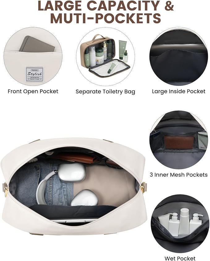 Weekender Travel Duffle Bag for Women: Overnight Bags with Shoe Compartment Carry on Bags for Airplanes with Toiletry Bag Yoga Gym Bag with Wet Pocket Travel Duffel Tote Bag Hospital Bag Khaki Beige