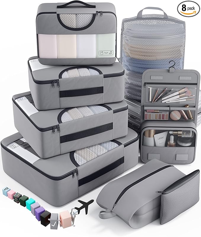 Veken 8 Set Packing Cubes for Travel Essentials, Suitcase Organizer Bags in 4 Sizes, Carry-On Luggage Accessories with Large Laundry & Hanging Toiletry Bag, Must-Have for Airplane, Road Trip & Camping