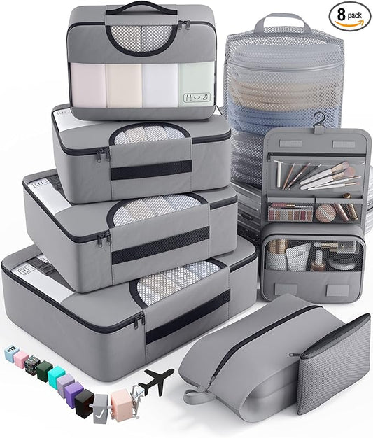 Veken 8 Set Packing Cubes for Travel Essentials, Suitcase Organizer Bags in 4 Sizes, Carry-On Luggage Accessories with Large Laundry & Hanging Toiletry Bag, Must-Have for Airplane, Road Trip & Camping
