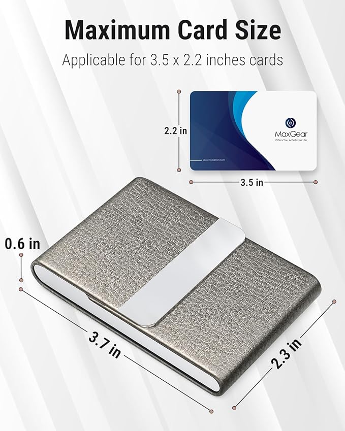 MaxGear Business Card Holder, Slim PU Leather & Stainless Steel Business Card Case for Men & Women, RFID Blocking Name Card Holder with Magnetic Closure, Gray