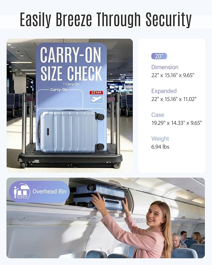 LIGHT FLIGHT Carry On Luggage 22x14x9 Airline Approved, Expandable Carry On Suitcases with Wheels, Lightweight Luggage, Durable Hard Shell 20 Inch Rolling Suit Case for Men Women Travel,Light Blue
