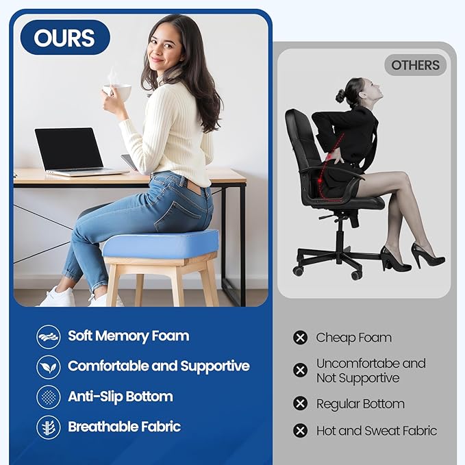 Seat Cushion for Tailbone Pain Relief, Office Chair Cushion, Memory Foam Large Chair Cushion with Non-Slip Cover for Soft Support at Office Chair, Car Seat, Airplane Light Blue/2X-Large