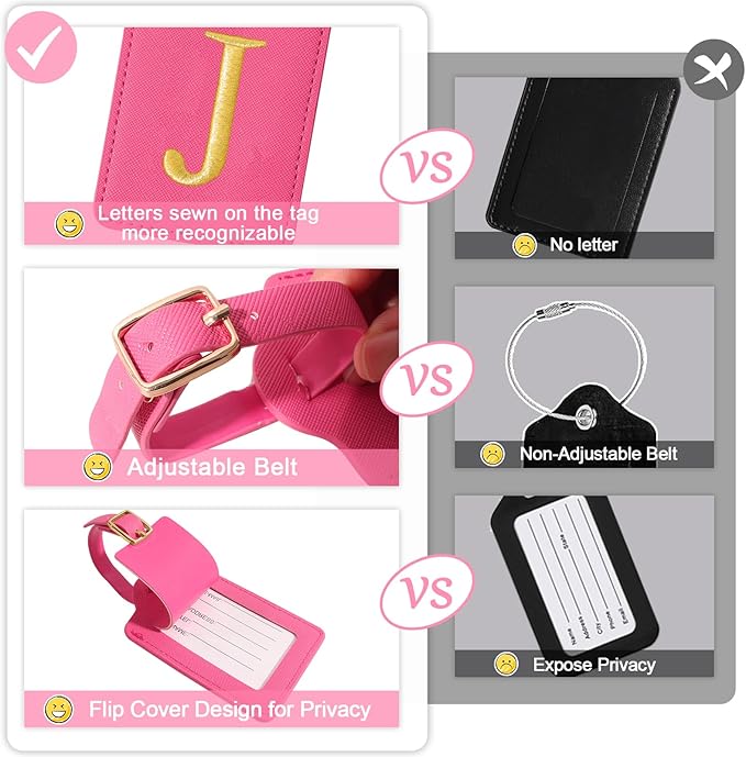 Personalized Initial Luggage Tags for Suitcases, Cute PU Leather Embroidered Letter Travel Luggage Tags, Suitcase Identifier Name Baggage Tag, Bag Tags for Men Women Kids Luggage Handbags(Rosered J)