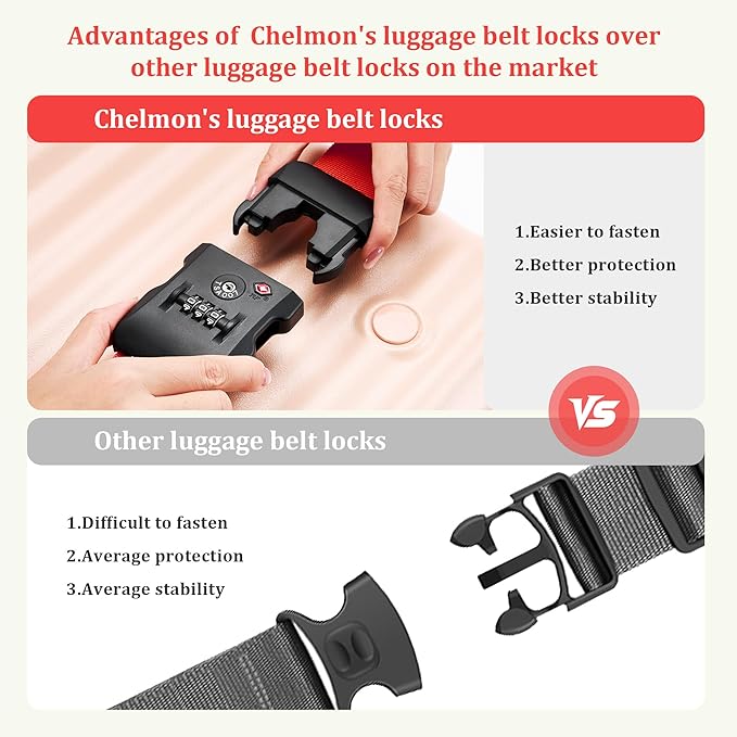 Chelmon Luggage Straps TSA Approved for Suitcases with Luggage Lock, Heavy Duty Adjustable Buckle Belt Anti Burst, Bright Colors Easy to Identify