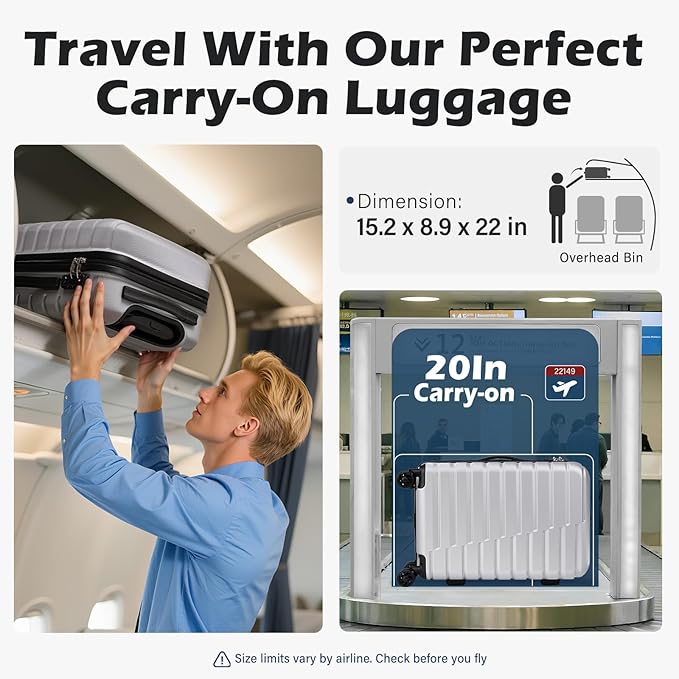 Coolife Carry On Luggage Airline Approved with Wheels Hard Shell Suitcase Spinner TSA Lock Telescopic Handle 20-inch,Silver