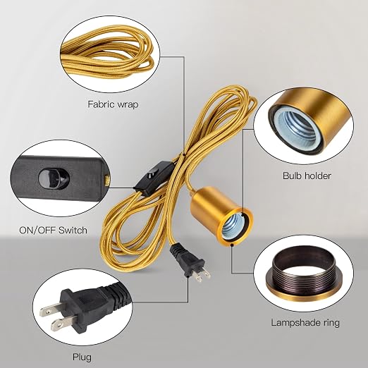 Plug in Pendant Light Cord 15FT Gold, Hanging Lamp Kit with Switch | Woven cloth cord, ceramic E26 socket, brushed aluminum shell, inline switch, fits most compatible shades