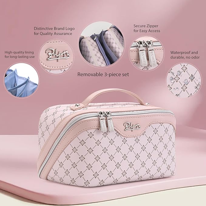 BOYATU Travel Makeup Bag Cosmetic Bags for Women: 3 Pcs Set Large Capacity Make up Bag with Handle - Vegan Leather Toiletry Bags with Compartments - Makeup Organizer for Travel Essentials(A-3-Pink)