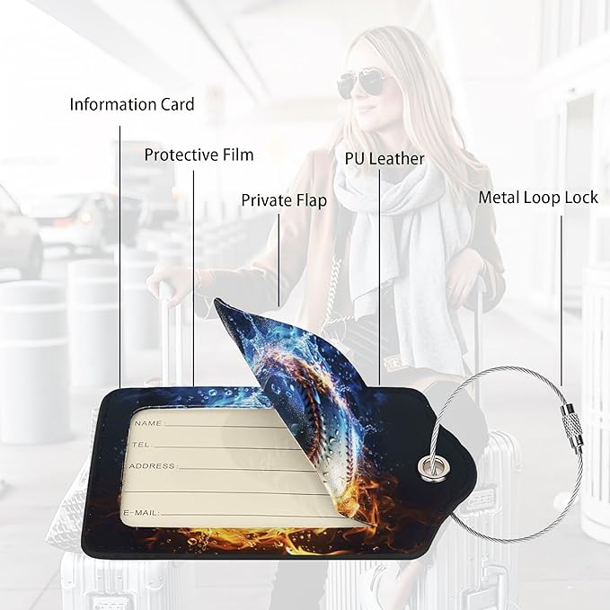 2 Pack Luggage Tags for suitcases Baseball Water Fire TSA Approved Label Luggage Tag Baggage Tag Leather Stainless Steel Loop Label Tag for Men Women Travel Bag Suitcase