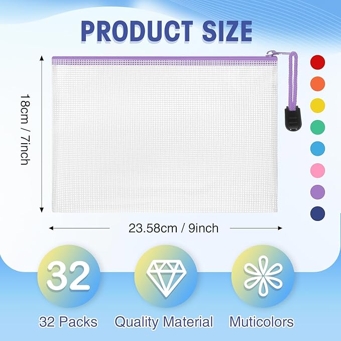 Jetec 32 Pcs Mesh Zipper Bags Toy Storage Bikini Organizer Bag Bolsas Para Guardar Trajes De Bano Waterproof Zipper Reusable Pouch Puzzle Multipurpose for Storage Office(Cute Color,9 x 7 Inch)