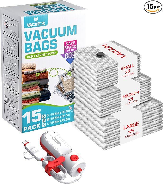 Vacuum Bags for Travel with USB and TYPE C Pump,vacuum seal travel bags,15 Pack Carry-on Size Compression Packing Bags for Luggage and Suitcase,Space Saver for Clothes and Clothing Travel（Red）