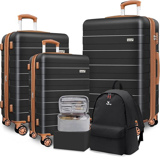 Zebra Luggage Sets 5 Piece, Lightweight Hardside Business Travel Suitcase Set with TSA Lock, Bonus Travel Backpack & Makeup Bag, 20/24/28 inch,Black Brown