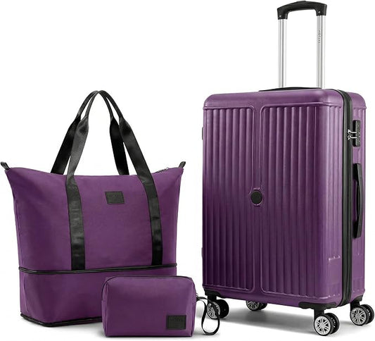 Hoteel Luggage Sets 3 Piece ABS+PC Hardside, 4-Year Warranty, Luggage Set with Spinner Wheels, TSA Lock, Lightweight Carry on Luggage, 20" Suitcase with Duffel & Organizer, Purple
