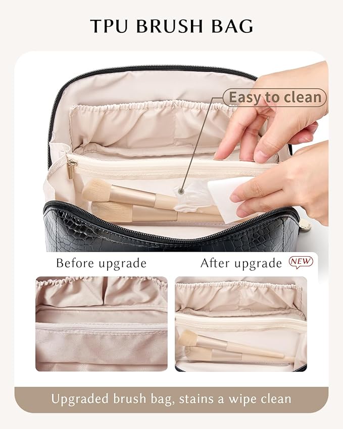 Make Up Bag, Cosmetic Organizer for Women, Waterproof Croc PU Leather Makeup Organizer with Divider and Handle Toiletry Bag Travel Bag (Croc Embossed, Black)