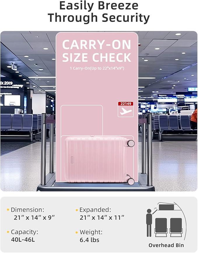 LARVENDER Carry On Luggage 22x14x9 Airline Approved, 20 Inch Expandable PC+ABS Hardside Suitcase Carry On Luggage with Spinner Wheels TSA Lock for Women Men (Pink)