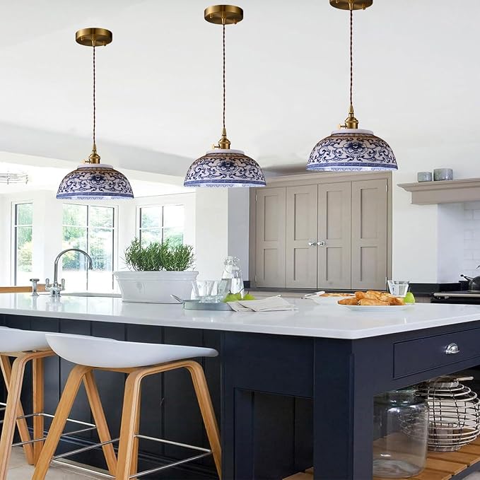 Ceramic Pendant Light, Chinese Blue and White Porcelain Pendant Light fixtures, Bedside Light, Hanging lamp for Kitchen Island Light Fixture, Home Bedroom Dining Room Ceiling Hanging Light 9in
