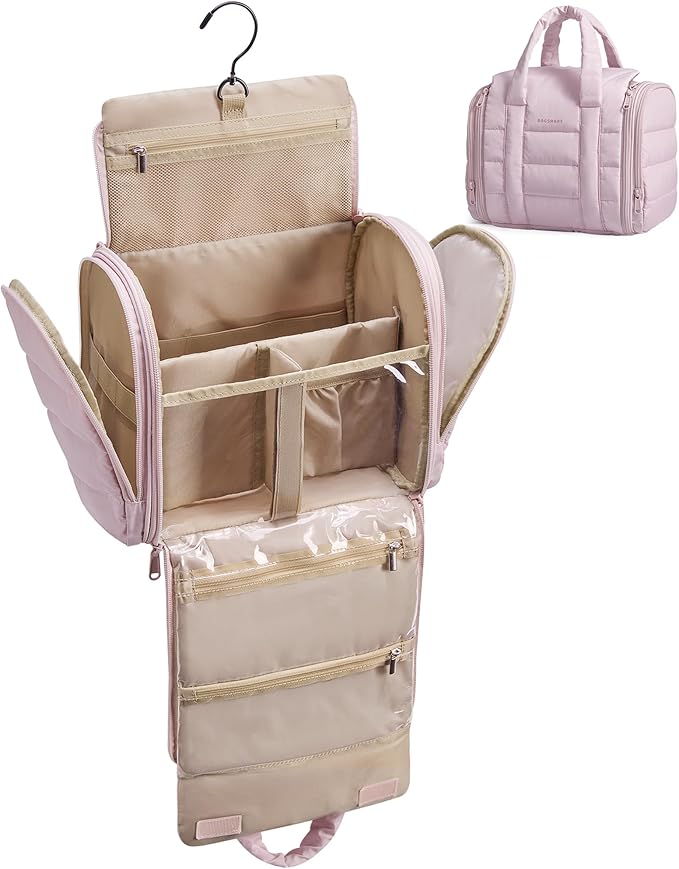 BAGSMART Hanging Toiletry Bag with Removable Partition, Puffy Water-resistant Fabric, Cosmetic Bag Makeup Bag for Full Sized Toiletries, Nude Pink