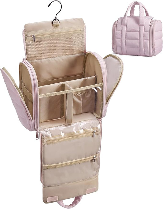 BAGSMART Hanging Toiletry Bag with Removable Partition, Puffy Water-resistant Fabric, Cosmetic Bag Makeup Bag for Full Sized Toiletries, Nude Pink