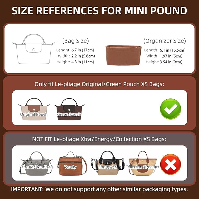 Doxo Longchamp XS Organizer Insert, Suitable for Le pliage XS and More, Keeps Tote Handbags Shaped & Neat (Gold Brown,XS)