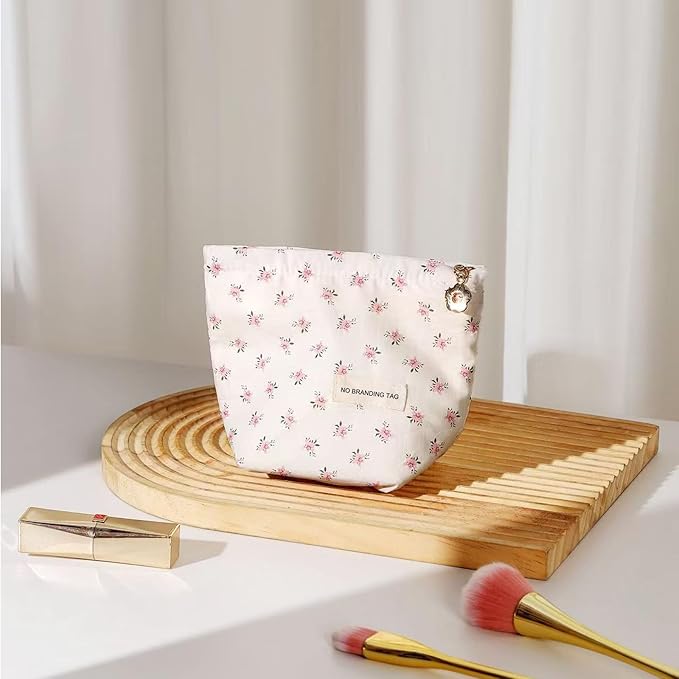 HAPPYHEIDI Makeup Bag Set of 2, Cute Accessory Pouch, Cotton, Floral, Zipper Closure, Large 10.2x7.8x2 Inches, Lightweight