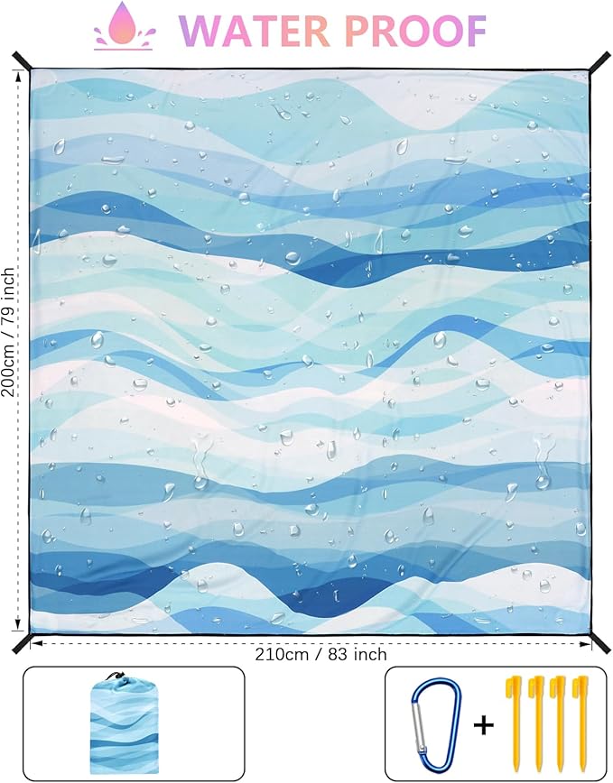 Beach Blanket Waterproof Sandproof Beach Mat for 1-8 Adults Quick Drying Durable Outdoor Picnic Mat for Beach Festival Travel Camping Hiking (Ocean Wave-Multi Blue, 79"×83"(4 Person))