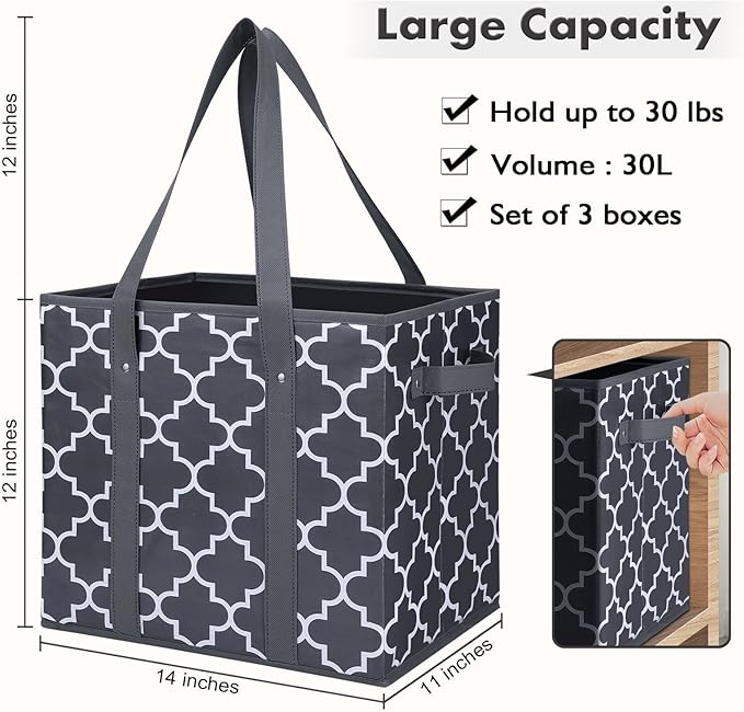 WISELIFE Reusable Grocery Bags 4-Pack Foldable Washable Large Storage Bins Basket Water Resistant Shopping Tote Bag Dark Grey