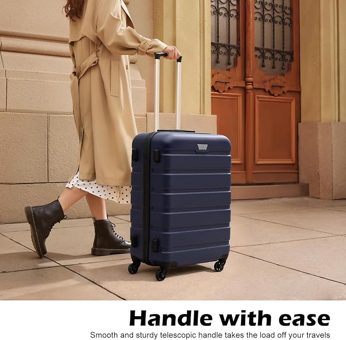 Coolife Luggage 3 Piece Set, Lightweight Durable Hardshell Suitcase set with 360° Spinner Wheels, TSA-approved Lock, Checked Family Travel Luggage sets, 20/24/28 Inch, Navy