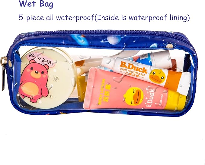 TSA Approved 5-Piece Diaper Bag Organizer Pouch Set Clear Waterproof TPU Kids Toiletry Storage Set Travel Packing Clutch Cube Bags for Baby Nursing(Astronaut)